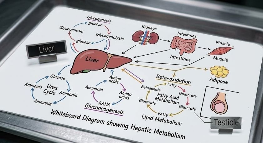 Whiteboard diagram showing hepatic metabolism